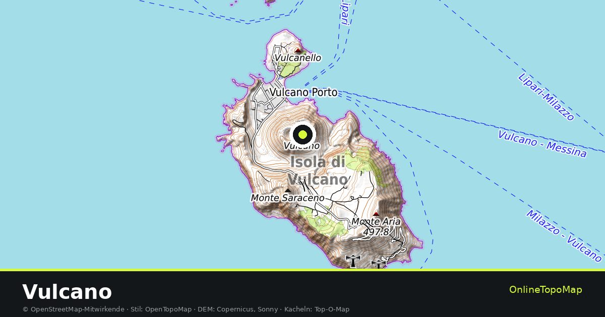 Topographische Karte von Vulcano mit Höhenlinien und Geländeschattierung