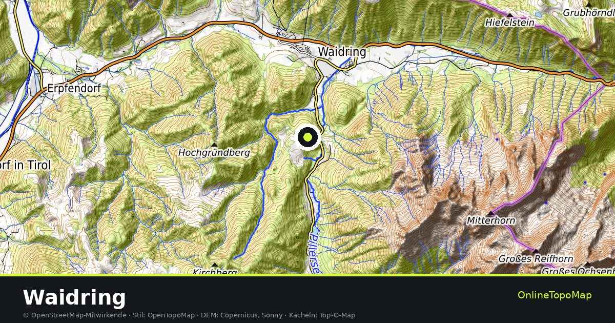 Topographische Karte von Waidring mit Höhenlinien und Geländeschattierung