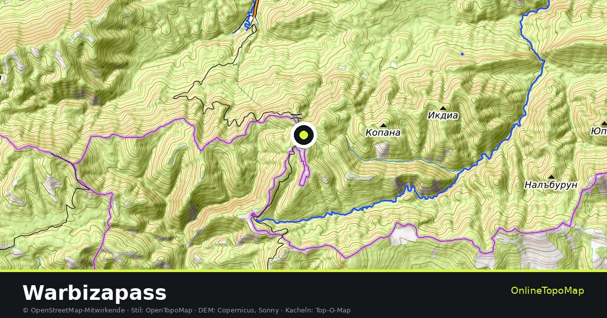 Topographische Karte von Warbizapass mit Höhenlinien und Geländeschattierung