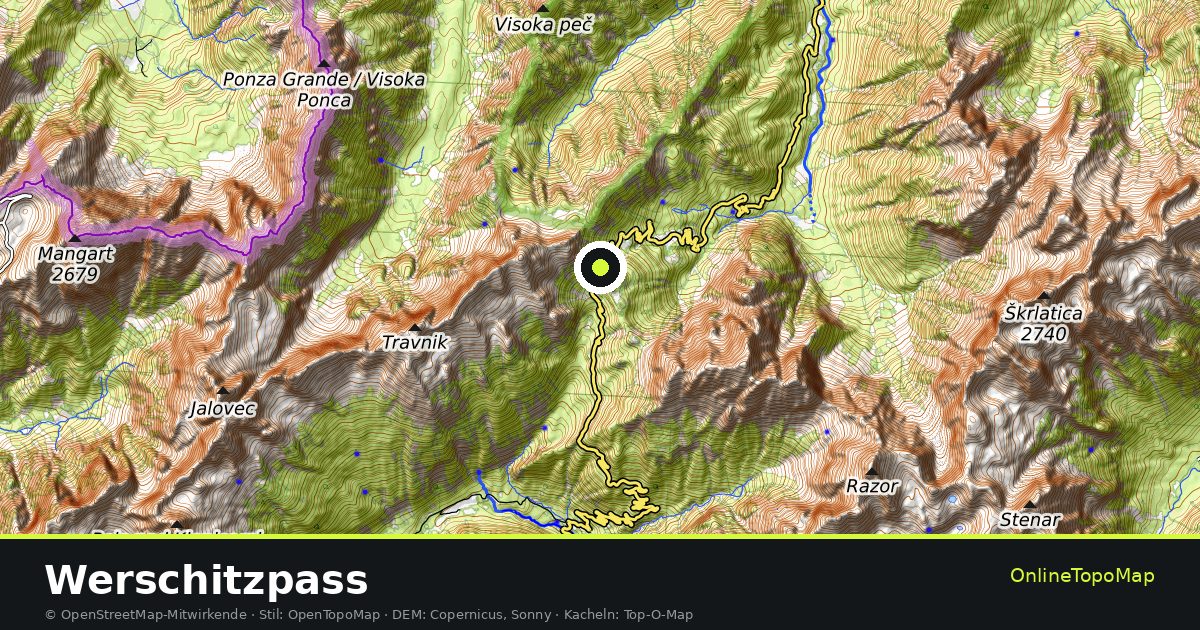 Topographische Karte von Werschitzpass mit Höhenlinien und Geländeschattierung