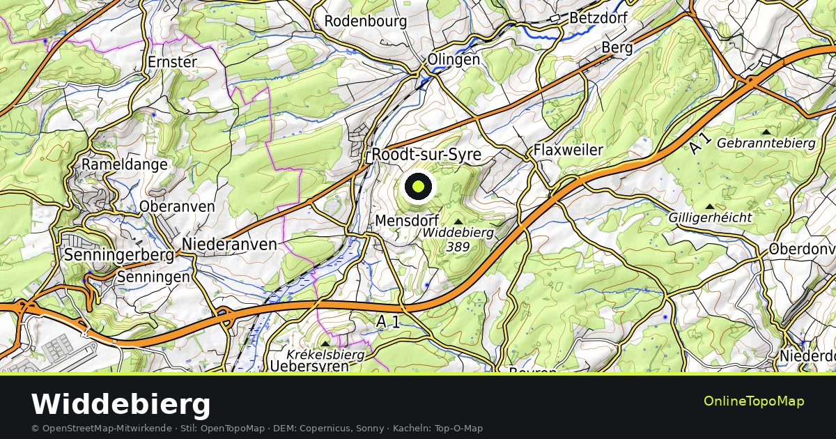 Topographische Karte von Widdebierg mit Höhenlinien und Geländeschattierung