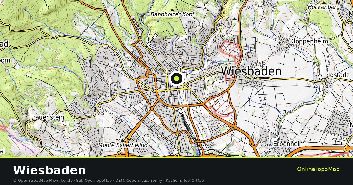 Topographische Karte von Wiesbaden mit Höhenlinien und Geländeschattierung