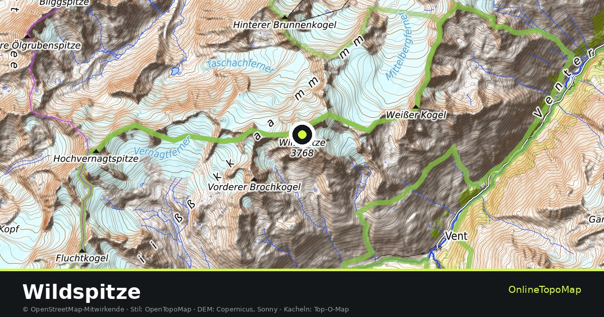 Topographische Karte von Wildspitze mit Höhenlinien und Geländeschattierung