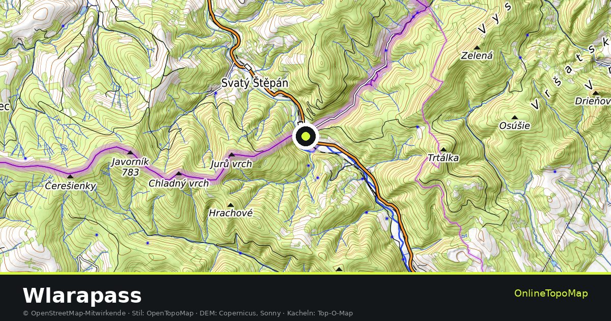 Topographische Karte von Wlarapass mit Höhenlinien und Geländeschattierung
