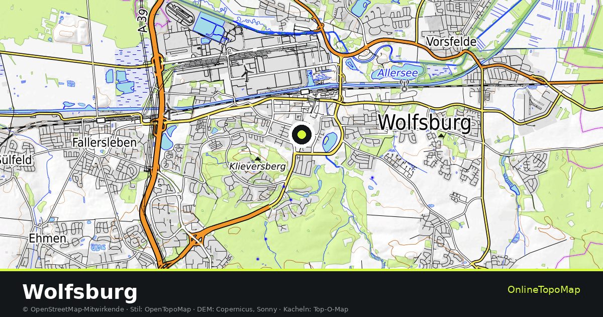 Topographische Karte von Wolfsburg mit Höhenlinien und Geländeschattierung