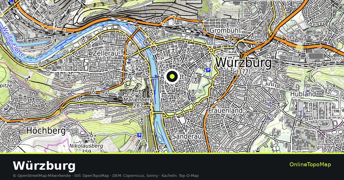 Topographische Karte von Würzburg mit Höhenlinien und Geländeschattierung