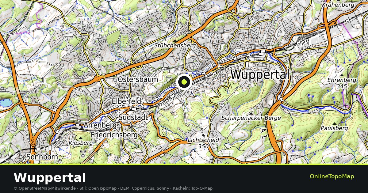 Topographische Karte von Wuppertal mit Höhenlinien und Geländeschattierung
