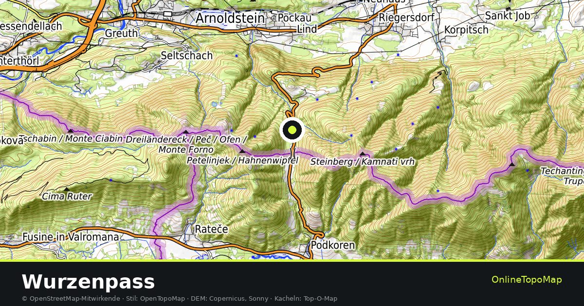 Topographische Karte von Wurzenpass mit Höhenlinien und Geländeschattierung
