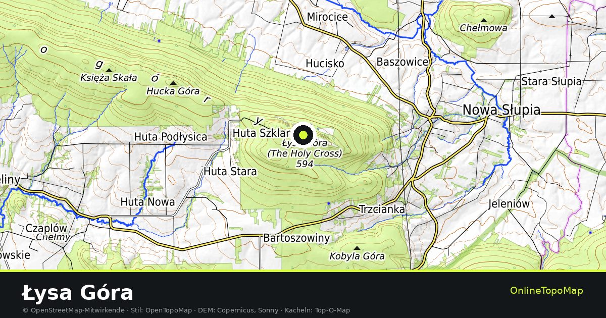 Topographische Karte von Łysa Góra mit Höhenlinien und Geländeschattierung