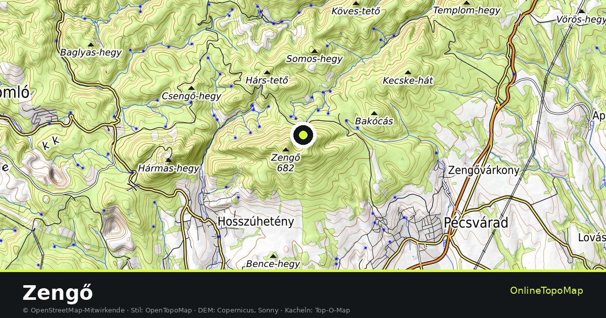 Topographische Karte von Zengő mit Höhenlinien und Geländeschattierung