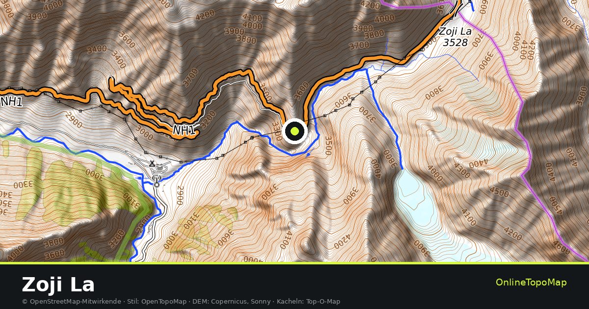 Topographische Karte von Zoji La mit Höhenlinien und Geländeschattierung