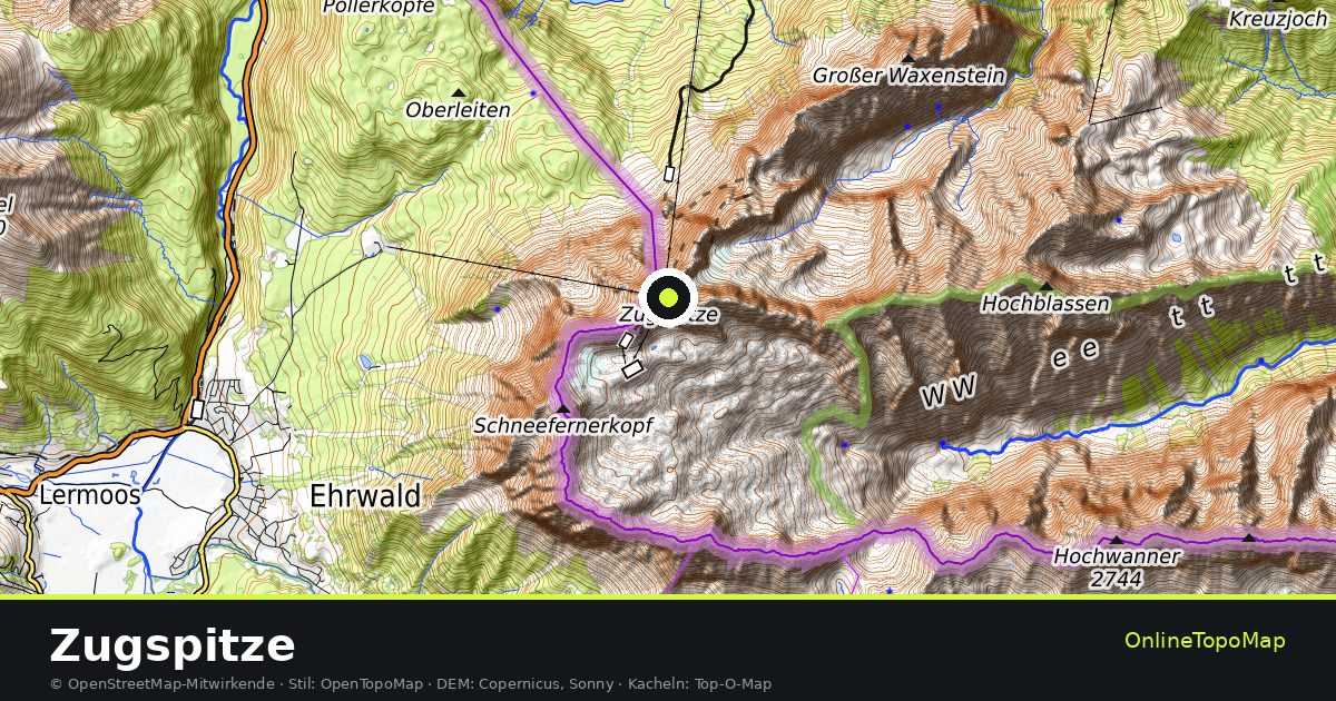 Topographische Karte von Zugspitze mit Höhenlinien und Geländeschattierung