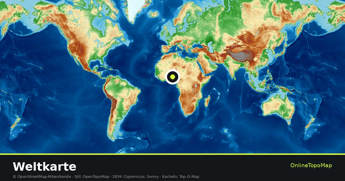 Topographische Weltkarte mit Höhenlinien und Geländeschattierung